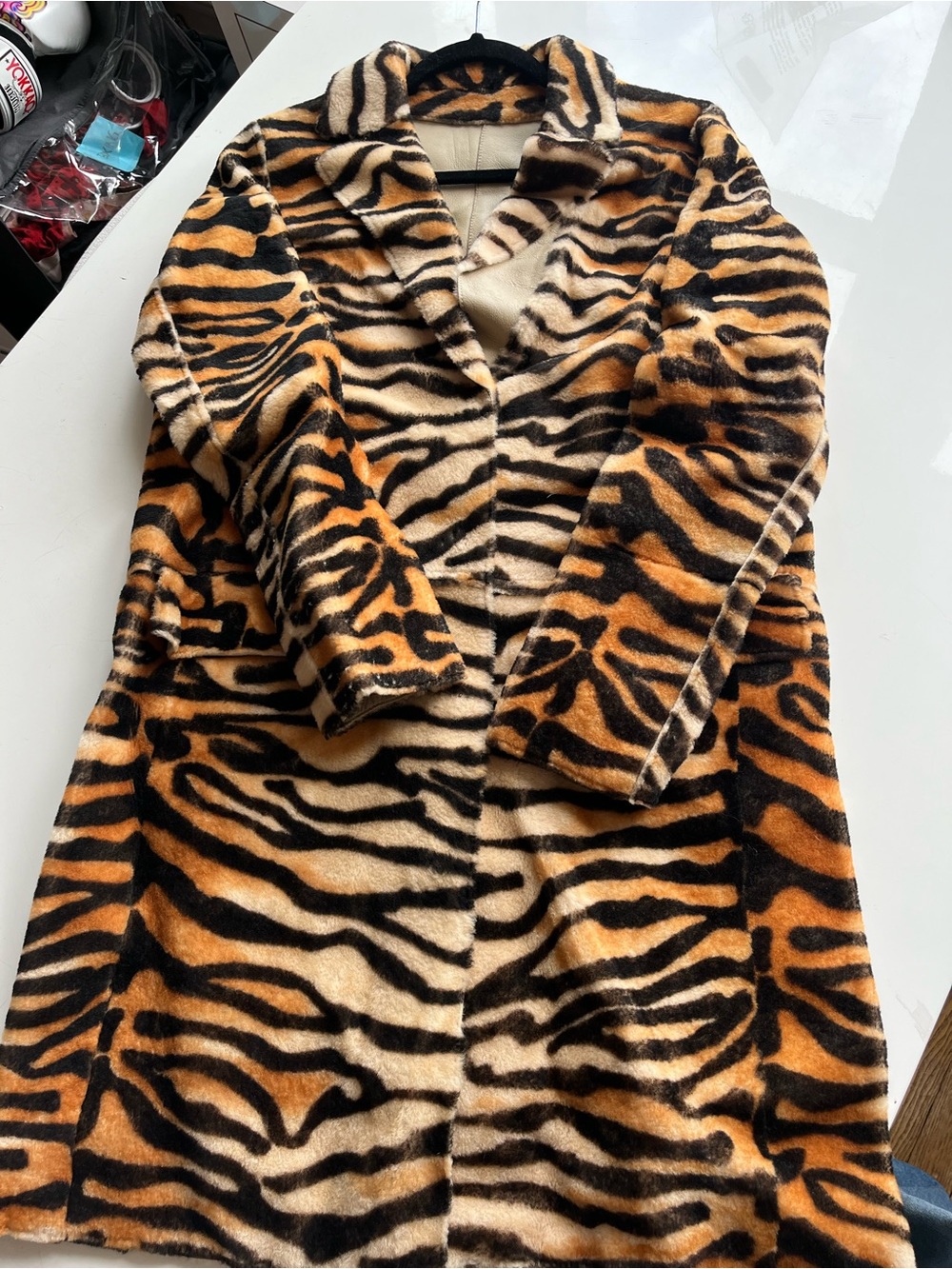 Yves Salomon Tiger-Stripe Faux Fur Coat in Orange, Black & Cream